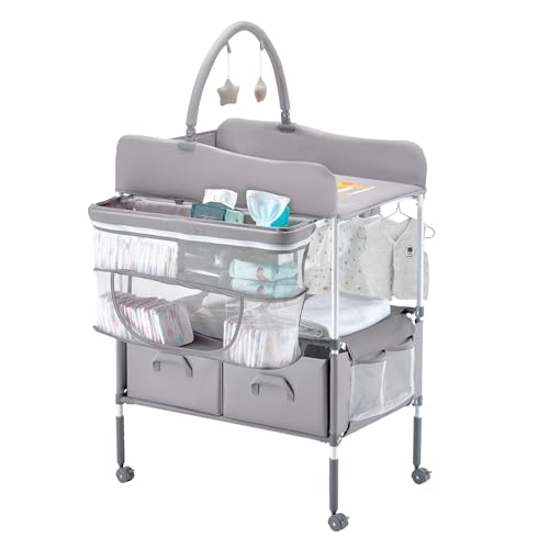 VEVOR Wickeltisch Faltbare Wickelstation mit 2 Stoffschubladen & Seitenkorb & Kleiderstange, höhenverstellbarer tragbarer Wickelkombi mit feststellbaren Rädern und 2 Sternspielzeugen, hellgrau