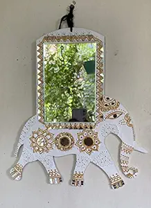 Lippan MDF Art Elephant with Mirror Wall Decor (White and Gold, 32 x 34 x 0.2 cm),, Wood