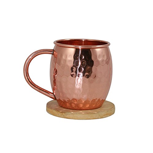 Hammered Copper Moscow Mule Mug Handmade of 100% Pure Copper No Tin or No Nickel Lining 16 OZ Capacity with classic welded handle and wooden coaster