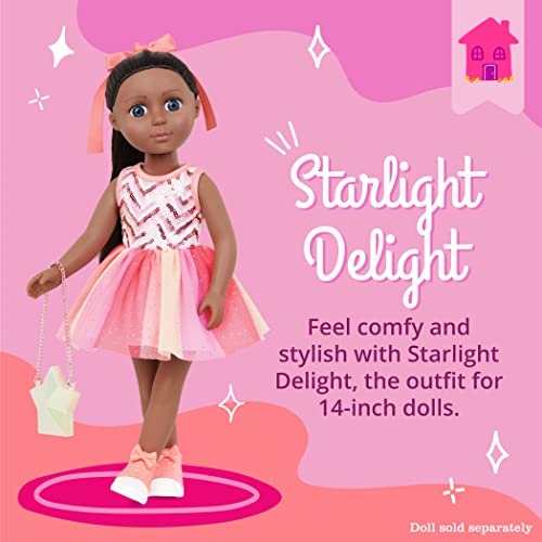 Glitter Girls – 14-Inch Doll Clothes – Sequined Party Dress – Pink High – Tops & Star Purse – Elastic Hair Bow – 3+ Years– Starlight Delight