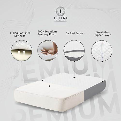 Image of Ergonomic Orthopedic Pillow Set of 2, 66x38x12 cm Shredded Memory Foam for Neck Relief, White /Grey Jacquard Case, Aligned Spine Bedding for Side and Back Sleeper, Supportive