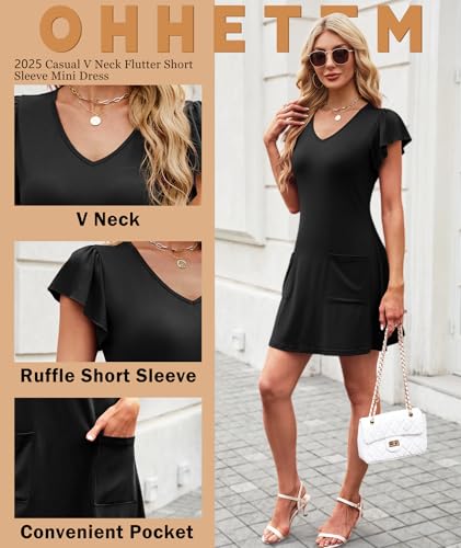 Image of Summer Dresses for Women 2025 Casual V Neck Flutter Short Sleeve Mini Dress Beach T Shirt Sundress with Pockets