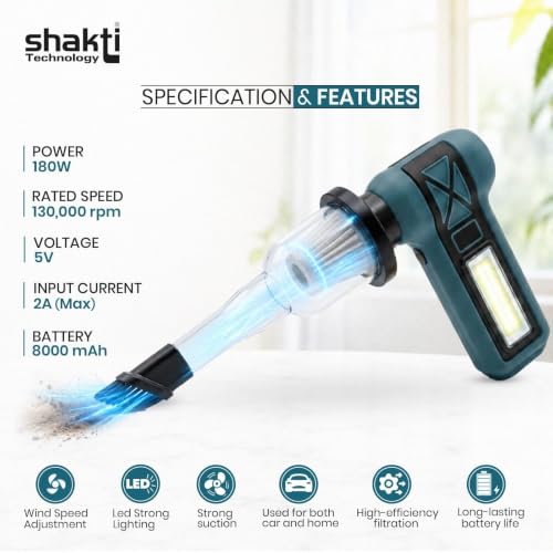 Image of Shakti Technology AirJet Pro Handheld High-Speed Air Duster,130000 RPM Cordless Mini Air Blower & Vacuum Cleaner 2-in-1, Portable Rechargeable Blower for Home, Car, PC and Keyboard Cleaning (Blue)