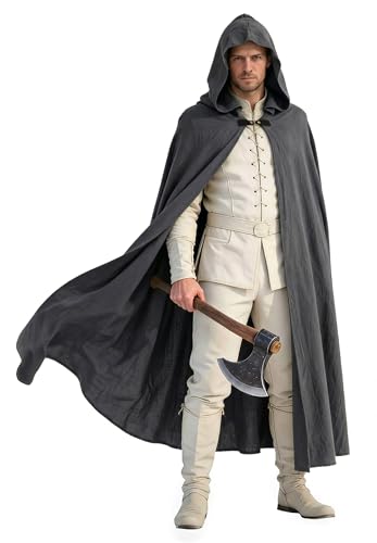 UQJE Adult Renaissance Faux Linen Hooded Cloak Medieval Costume Cape, Grey