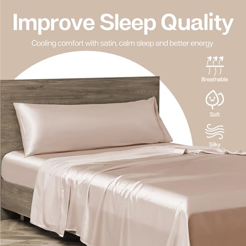 Image of MR&HM Satin Body Pillow Cover, Soft and Breathable Body Pillow Case with Envelope Closure, Cooling and Silky Long Pillowcase for Hair and Skin,Grey (20x54, Champagne)
