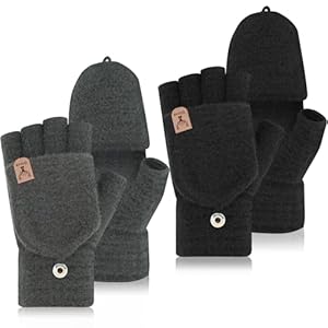 2 Pairs Fingerless Flip Thermal Gloves Winter Knitted Convertible Fingerless Gloves Insulation Warm Convertible Mitten Flap Cover for Women and Men