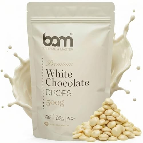 BAM Weiße Schokolade Drops Kuvertüre Callets zum Schmelzen & Backen Weiße Schokodrops für Schokofondue Ganache & Schokobrunnen White Chocolate Chips - 500 g