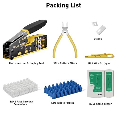 Image of Ethernet Crimping Tool Kit RJ45 Crimp Tools,CAT5 Cat5e Cat6 RJ45 Crimping Tool Kit With Cable Tester, Mini Stripper, Blades,50Pcs Cat 6 Pass Through Connectors and Strain Relief Boots