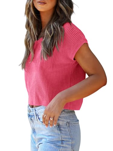 Image of LCXWFE Womens Summer Cropped Sweater Vest Trendy Cap Sleeve Crop Tops Crew Neck Loose Knit Tank Top
