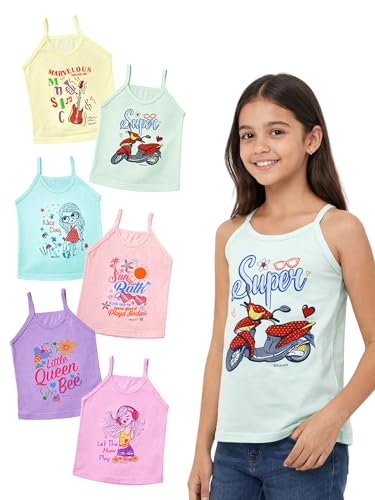 Image of BODYCARE Kids Sleeveless Slip 100% Cotton Slip for Girls | Skin Friendly | Multicolor | Lightweight | Sleeveless Design | Pack of 6 (Color & Print May Vary)