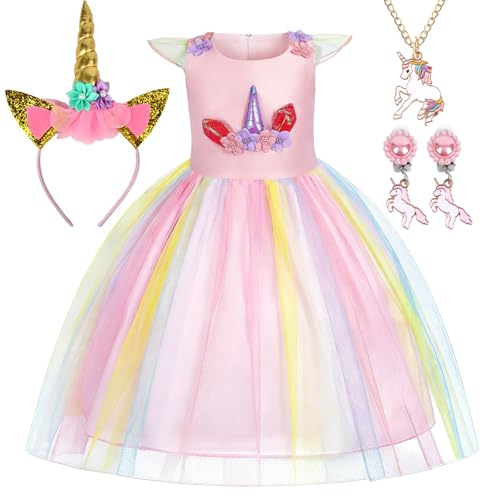CYJJYZ Niños Unicornio Disfraz Set, Disfraz Unicornio Niña con Diadema, Orecchini a Clip, Collar, Niña Vestido de Unicornio Princesa, para Carnaval, Navidad, Halloween, Cosplay, Fiesta, Boda,120cm