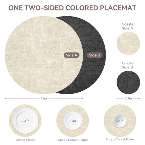Image of 13 inch Round Placemats Set of 4, NCUE Dual-Sided Faux Leather Heat Resistant Table Mats, Waterproof Oilproof Washable Protective Table Placemats with Coaster, Wipeable Vinyl for Indoor & Outdoor Use