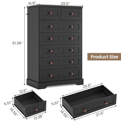 Hasuit Farmhouse 7-Drawer Dresser, 51.4" Tall, Black Bedroom Storage Chest