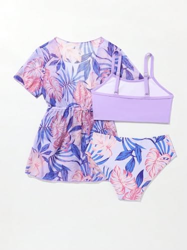 GORGLITTER Girl's 3 Piece Swimsuit Set Tropical Print Triangle Bikini Set with Kimono Cover Up2