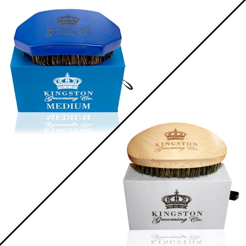 Kingston Grooming Co. Boar Hair Brush Bundle- The Original Soft and New Medium- Wave Brushes for Men- Boar Hair Brush for Men, Perfect Edge Brush and Hair Waver, 360 Waves Brush - Travel Case Included