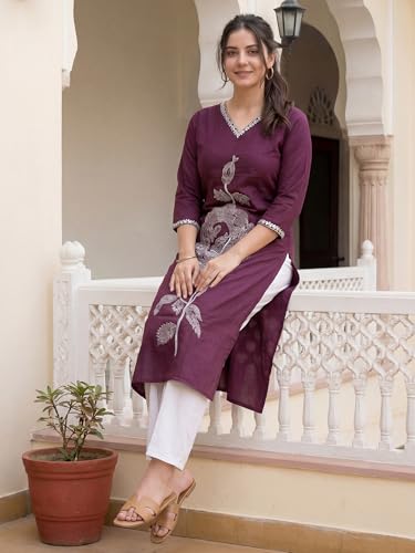 Image of INDO ERA Women Viscose Rayon Straight Fit Straight Floral Embroidered Kurtas