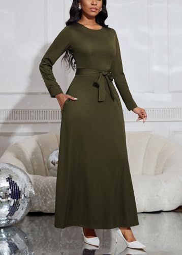 Image of BubFee Long Dress for Women Casual Long Sleeve Dresses Maxi Dress Empire Waist Loose with Belt