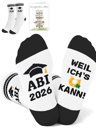 Abitur 2026 Geschenke für Mädchen Junge Abi Socken mit Karte Abschluss Bestandene Prüfung Matura Schulabschluss Geschenk Glücksbringer Glückwunschkarte Abitur Tennissocken Sportsocken EU 35-43
