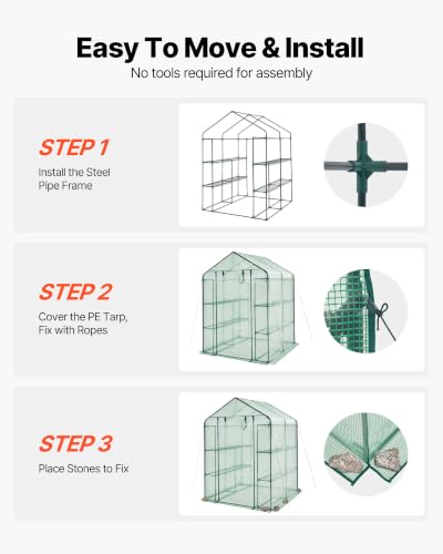 Image of VEVOR Walk-in Greenhouse, 55.5 inch x 56.1 inch x 78.7 inch Greenhouse for Outdoors with PE Cover, 2 Tiers 8 Shelves, Roll-Up Zipper Door, Walk in Green House, Portable Plant Garden Hot House for Backyard Outside