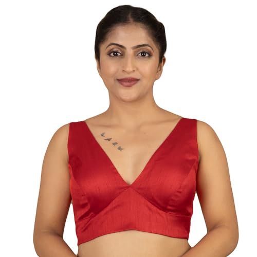 FIGURES DESIGNER Womens Dupion Raw Silk Sleeveless V Neck Sabyasachi Cut Readymade Saree Blouse Padded Stitched Lining Designer Indian Festive Blouse S4 (Red, 38)