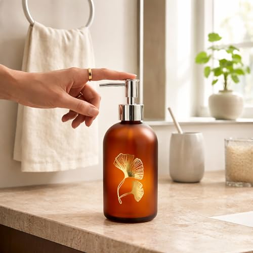 Image of Luxe Home International Flower Print Glass Soap Dispenser for Bathroom and Kitchen Sink Leak Proof Liquid Hand Wash Round Bottle Lightweight Smooth Finish (19.5x7.5 cm Red-Brown) Pack of 1