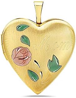 Pori Jewelers 14K Solid Yellow Gold Heart Locket Pendants (Mom with Roses Enamel (25MM))