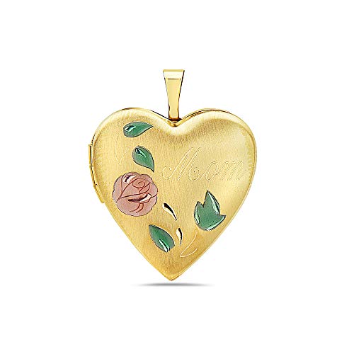 Pori Jewelers 14K Solid Yellow Gold Heart Locket Pendants (Mom With Roses Enamel (25Mm)) #TOP8
