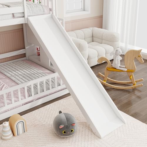 Image of YOPTO Twin Over Full Bunk Bed with Slide,Storage Staircase & Safety Guardrails,Wooden Bunk Bed w /Slat Support,Space Saving,Bedframe Furniture for Student Dorms,Studio,White
