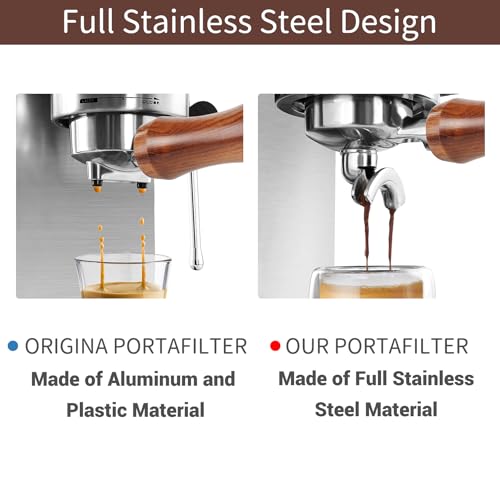 Image of 51mm Full Stainless Steel Portafilter for CASABREWS CM5418 & 3700Essential, 4 mm Thick 3-Ear Design, with Portafilter Basket Removal Tool, Wooden Handle, Compatible for De'Longhi EM450M