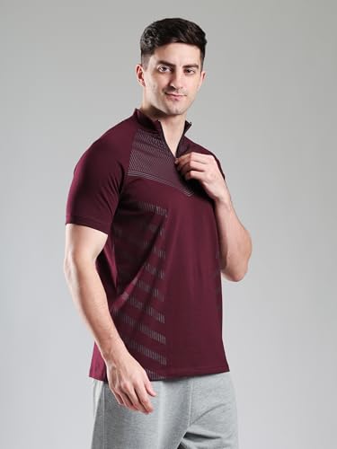 Image of GROW Stylish Aeroflex Zip T Shirt for Men Workout | Cotton and Spandex Quarter Zip Back Printed Collar T-Shirts for Men Half Sleeves