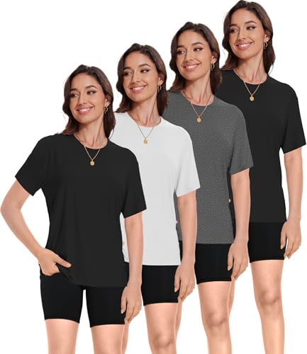 1/4 Pack Women Basic Short Sleeve T Shirts Tees, Loose Fit Crew Neck Tshirts Shirts Summer Tops for Casual Workout Gym