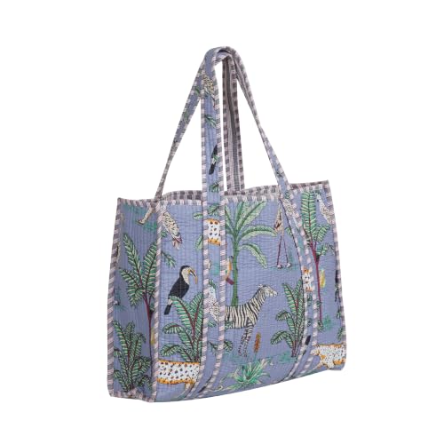 Image of Cotton Tiger Block Print Tote Bag, Indian Handmade Shopping Shoulder Bag, Unisex Market Daily Use