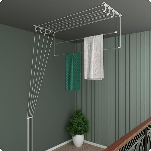 Image of Amiraj Individual Drop Down Ceiling Clothes Drying Stand | Heavy Duty Stainless Steel Cloth Dryer | UV Protected Nylon Ropes | Rust Proof Space Saving Laundry Rack | 5 Pipes, 4 Feet | Balcony & Indoor