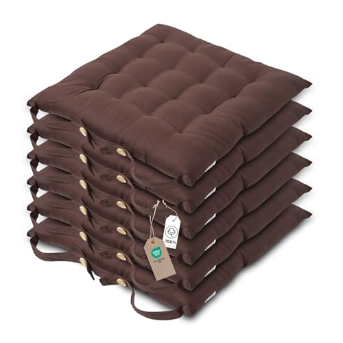 HOMESCAPES Galette de Chaise 40x40 cm, Lot de 6, Coussin de Chaise en Coton, Coloris Chocolat