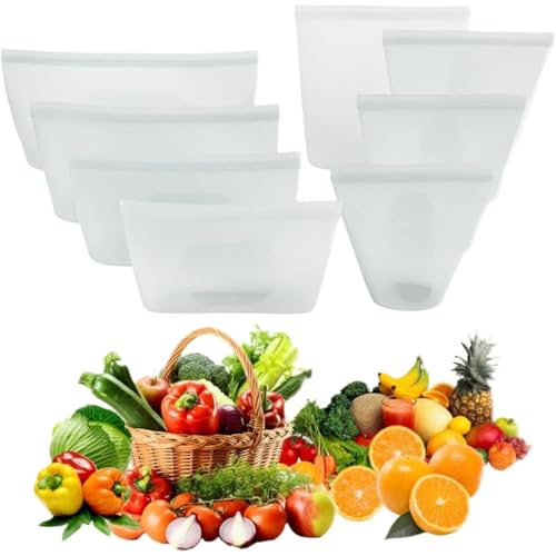 Oanawy 8点セット再利用可能なシリコンバッグ 野菜フルーツ保存用 ジップトップ食品袋 漏れ防止キッチン用食品貯蔵 冷蔵庫使用 電子レンジ対応 食洗器 耐熱 (ホワイト)