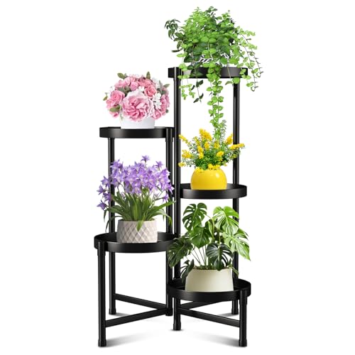 Hctwsyl Soporte para plantas para interiores y exteriores, estante alto plegable de 5 niveles para múltiples plantas, soporte de metal negro resistente y más equilibrado, para jardín, patio, césped,