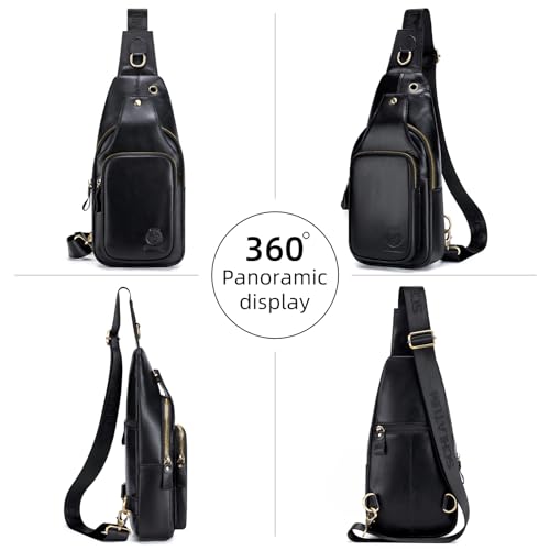 Image of Mens Sling Bag Genuine Leather Crossbody Bags for Men Small Sling Chest Backpack Casual Man Bag Hiking Outdoor, Black