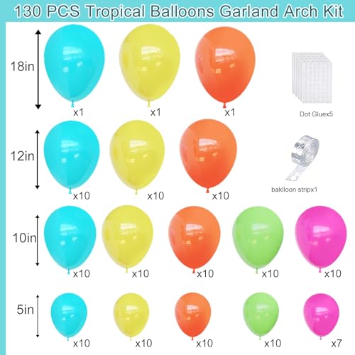 Image of Tropical Balloons Arch Kit,130Pcs Luau Balloons Different Sizes Hot Pink and Yellow Latex Balloons for Hawaiian Luau Summer Birthday Party Decorations