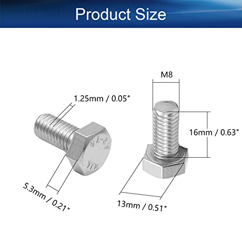 Image of Bettomshin 10Pcs M8 x 16mm Hex Bolts, 304 Stainless Steel 1.25mm Thread Pitch Fully Threaded Metric Hex Head Screw Bolts, Hexagon Screw Bolt, Hex Tap Bolts, Silver, A2-70 (Overall Size 21.3x13x13mm)