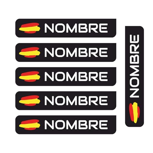 PROMO-SHOP - Pack de 6 Pegatinas España y Nombre Personalizado, Formato Vinilo Resistente, Pegatinas para Casco, Moto, Coche, Stickers Bandera España, Fabricación Nacional, Tamaño 19 x 3,5 cm