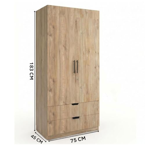 Image of FFO Keris 2 Door Wardrobe with 2 Drawers, Hanging Rod & Storage Shelves | Modern Clothes Almirah Cabinet with Lock & Black Handles for Home DIY.