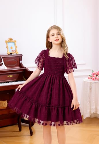 Girls Dress Summer Puffy Sleeve Embroidery A Line Chiffon Double Layer Smocked Shirred Kids Party Dresses 6-15 Years2