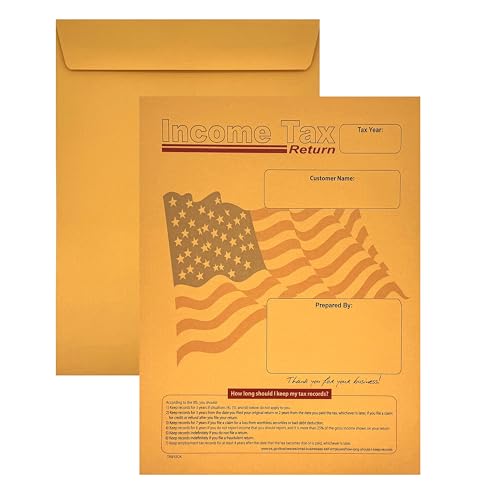 Lot de 100 enveloppes pour déclaration de revenus de Cashier Depot pour clients, 22,9 x 30,5 cm, motif drapeau américain, robuste, 12,7 kg, kraft marron, 100...