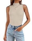 ZESICA Women's Summer Ribbed High Neck Tank Tops Slim Fit Fashion Casual Basic Knit Sleeveless Shirts,Almond,Small
