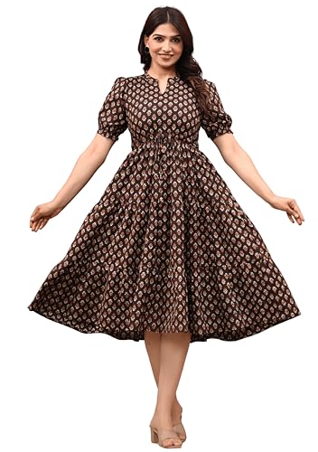 Image of LABEL ADRIJA Pure Cotton Calf Length Midi Dress for Women Floral Print | Flared Anarkali Dress Puff Sleeves