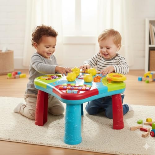 Image of Genie's Toy Bus Musical Learning Activity Table for Toddlers I Educational Development Centre with Piano, Shape Sorter, Driving Car, Light and Music I Interactive Play Station for 12+ Months