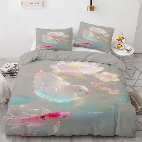 Housse de Couette 200x200 Canard Parure de Lit Carpe 3 Pièces avec Fermeture
