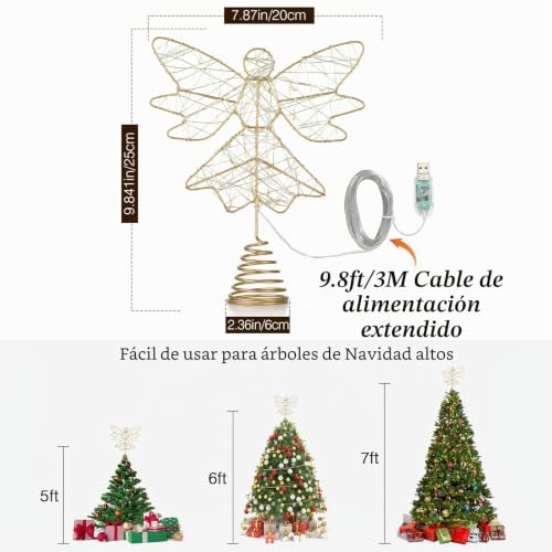 Copa del árbol de Navidad de ángel dorado Lewondr de 25CM con iluminación sofisticada 5