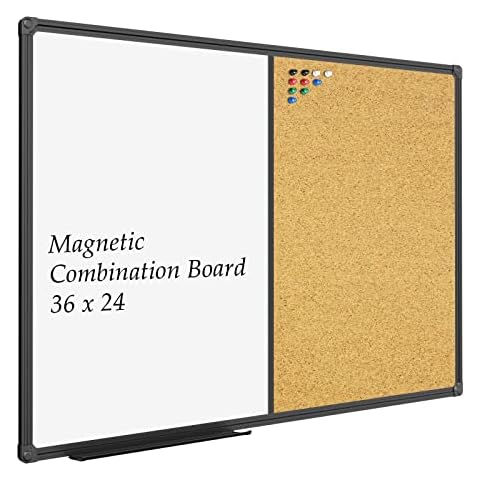 JILoffice White Board & Bulletin Corkboard Combination, Combo Board 36 x 24 Magnetic Whiteboard, Black Aluminum Frame Wall Mounted Board for Office Home and School with 10 Push Pins Cover