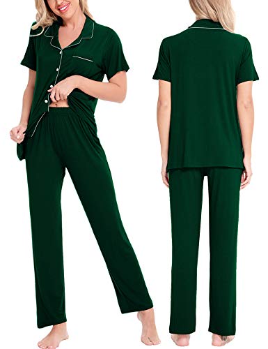 Image of SWOMOG Women Pajama Sets Two-Piece Nightwear Short Sleeve Sleepwear Button Down Pj Lounge Sets with Long Pants